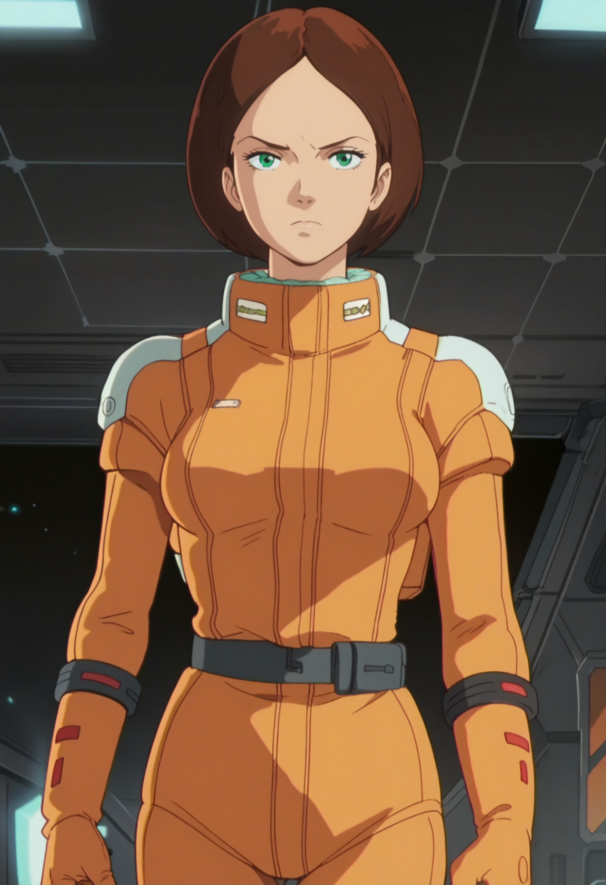 score_9, score_8_up, score_7_up, score_6_up, anime screencap, anime coloring, <lora:EmmaSheen_epoch_10:0.7>, EmmaSheen, brown hair, short hair, green eyes, breasts,
orange spacesuit, orange gloves, grey belt,
serious, looking at viewer, cowboy shot, 
BREAK, indoors, spacecraft, dark background, black background,