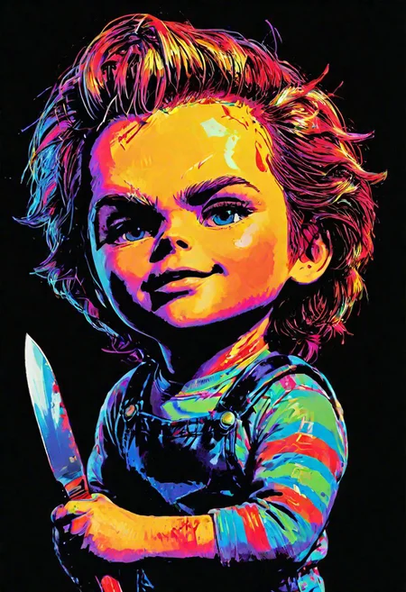 impactful color paint of Chucky The Doll, knife, highly detailed, vibrant colors , sharp, professional, clear, high contrast, high saturated, , vivid deep blacks, crystal clear <lora:Bold_Pop:0.8>