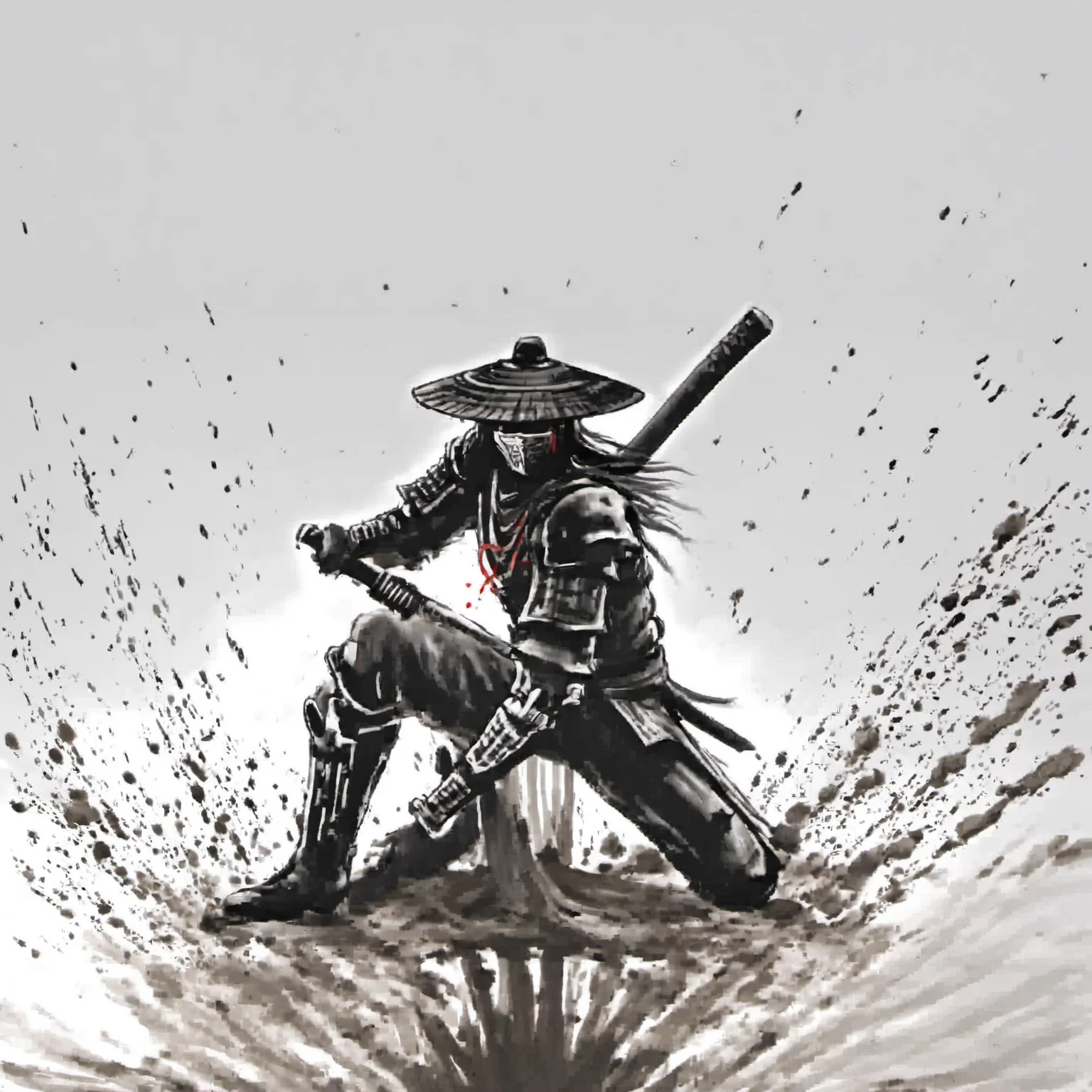 <lora:ink_xiakexing_xl_v1:0.8>,tree,mountains,
ink painting,a drawing of a person sitting on a motorcycle in the mud with a hat on their head and a cane in his hand,solo,long hair,1boy,hat,holding,monochrome,weapon,male focus,boots,sword,holding weapon,armor,gun,blood,mask,glowing,sheath,spot color,japanese armor,one knee,katana,letterboxed,fighting stance,ajirogasa,