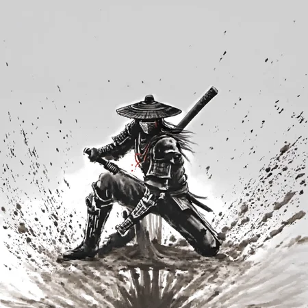 <lora:ink_xiakexing_xl_v1:0.8>,tree,mountains,
ink painting,a drawing of a person sitting on a motorcycle in the mud with a hat on their head and a cane in his hand,solo,long hair,1boy,hat,holding,monochrome,weapon,male focus,boots,sword,holding weapon,armor,gun,blood,mask,glowing,sheath,spot color,japanese armor,one knee,katana,letterboxed,fighting stance,ajirogasa,