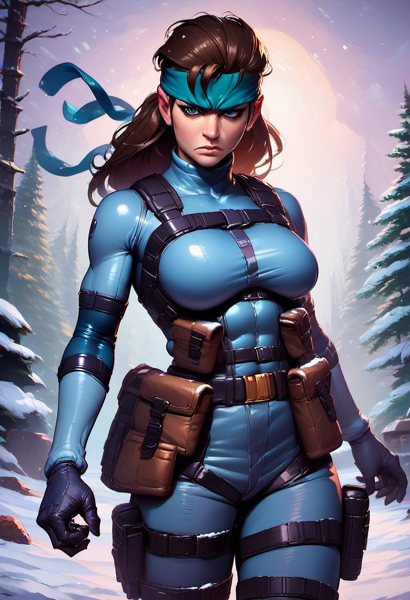 <lora:MtF_Genderswap:1>, genderswap \(mtf\), <lora:solidsnake-pdxl-nvwls-v1:0.8>, solidsnake, solo, 1girl, large breasts, brown hair, long hair, headband, blue bodysuit, gloves, harness, belt pouch, serious expression, outdoors, looking at viewer, snow, BREAK , zPDXL, score_9, score_8_up, score_7_up, score_6_up, score_5_up, score_4_up
