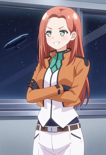 cbuniform, uniform, brown cropped jacket, long sleeves, two-tone shirt, belt, white pants, two-tone pants, black gloves, 1girl, solo, kyoukolylustea, red hair, parted bangs, long hair, green eyes, white pupils, bright pupils, arms crossed, teeth, smile, indoors, space station, outer space, window, standing, cowboy shot,