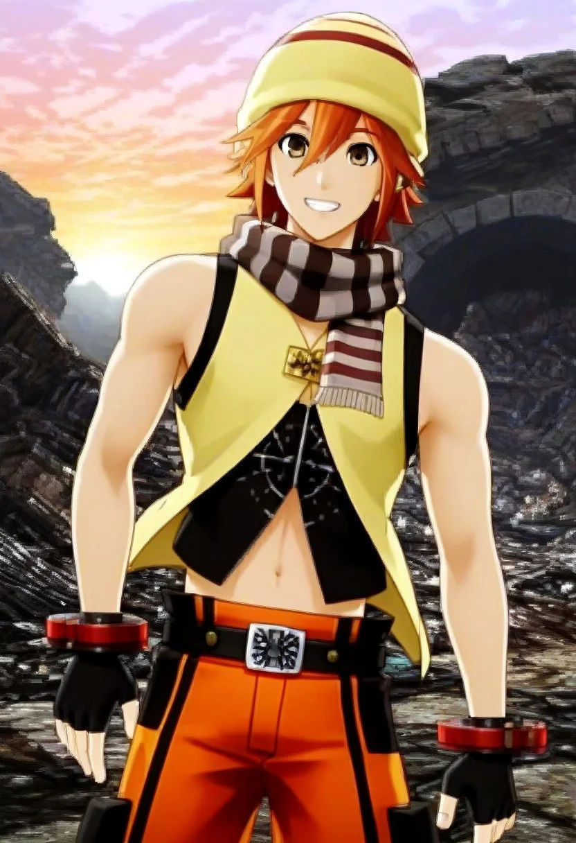 ((masterpiece)), ((best quality)), ((ultra-detailed)), ((absurdres)), score_9_up, score_8_up, score_7_up,
HD, top quality, best quality, amazing quality, High-quality illustrations, anime screencap, source_anime, best aesthetic, perfect proportions, perfect eyes, 1boy, 1male, solo boy, solo male, male focus, solo male focus, Anime, boy, male anime character, anime boy, handsome, sexy, cute, charming, ((tall body, tall height)), ((lean body, slim body)), Kouta Fujiki, red-orange hair, brown eyes, yellow beanie, long striped scarf, yellow and black vest, open vest, sleeveless, midriff, fingerless gloves, red wrist brace, belt, black and orange shorts, ((ciwboy shot, head to hips shot)), ((energetic, happy, smile)), ((epic battleground background, destroyed infrastructures, rubble, debris, sunset sky)), easynegative, updn, Expressiveh, masterpiece, best quality, very aesthetic, absurdres