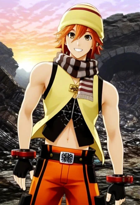 ((masterpiece)), ((best quality)), ((ultra-detailed)), ((absurdres)), score_9_up, score_8_up, score_7_up,
HD, top quality, best quality, amazing quality, High-quality illustrations, anime screencap, source_anime, best aesthetic, perfect proportions, perfect eyes, 1boy, 1male, solo boy, solo male, male focus, solo male focus, Anime, boy, male anime character, anime boy, handsome, sexy, cute, charming, ((tall body, tall height)), ((lean body, slim body)), Kouta Fujiki, red-orange hair, brown eyes, yellow beanie, long striped scarf, yellow and black vest, open vest, sleeveless, midriff, fingerless gloves, red wrist brace, belt, black and orange shorts, ((ciwboy shot, head to hips shot)), ((energetic, happy, smile)), ((epic battleground background, destroyed infrastructures, rubble, debris, sunset sky)), easynegative, updn, Expressiveh, masterpiece, best quality, very aesthetic, absurdres