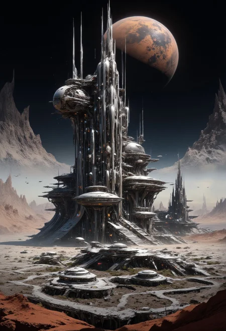 mythp0rt, masterpiece oil painting, landscape of a futuristic sci-fi moon base, gleaming metals and ceramics, domes, cratered environment, dusty, thin haze, a large planet dominating the skyline