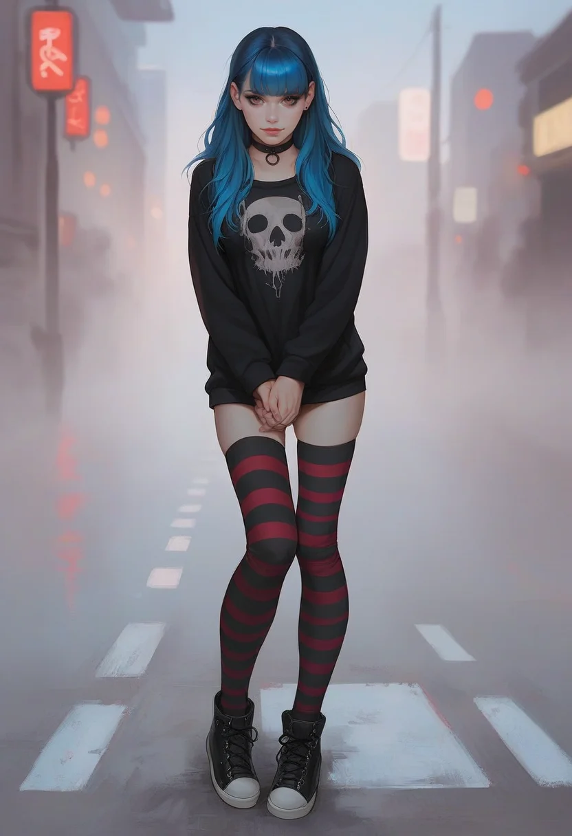 score_9, score_8_up, score_7_up, 1girl, 18yo, girl, emo, summer dress, dynamic pose, sweatshirt, mid thigh dress, choker ribbon, checkered and striped clothes, stockings, waist silver chain, black and (pink:0.75) makeup, eyeliner, gumshoes, look at viewer. outdoor, urban background, cowboy shot, shadows, sunny day, busy city. long side bangs, pale skin, (hazel:0.6) eyes, two tone grey and blue hair, hairstyle wolf cut, skinny, thin hands, petite body, upturned nose, sharp nose, shy smile, narrow shoulders, narrow wais, medium breasts, round butt outline, breasts outline,wide hips, pear body shape, detailed face, cute face, pretty eyes, perfect eyes, detailed eyes, semi-realistic, photorealistic face, urban background