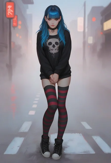 score_9, score_8_up, score_7_up, 1girl, 18yo, girl, emo, summer dress, dynamic pose, sweatshirt, mid thigh dress, choker ribbon, checkered and striped clothes, stockings, waist silver chain, black and (pink:0.75) makeup, eyeliner, gumshoes, look at viewer. outdoor, urban background, cowboy shot, shadows, sunny day, busy city. long side bangs, pale skin, (hazel:0.6) eyes, two tone grey and blue hair, hairstyle wolf cut, skinny, thin hands, petite body, upturned nose, sharp nose, shy smile, narrow shoulders, narrow wais, medium breasts, round butt outline, breasts outline,wide hips, pear body shape, detailed face, cute face, pretty eyes, perfect eyes, detailed eyes, semi-realistic, photorealistic face, urban background