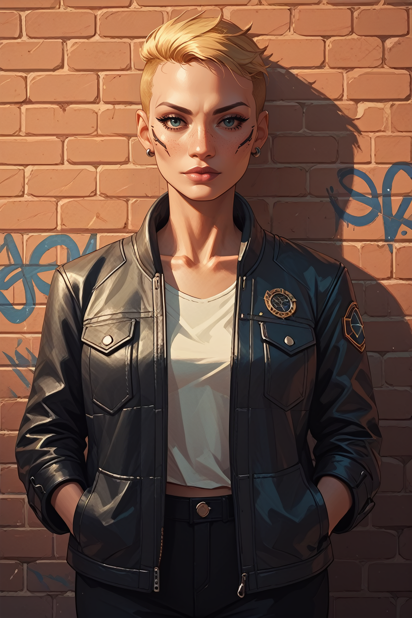 score_9, score_8_up, score_7_up, score_6_up
<lora:CyberSandraDorsett:0.8>
CyberSandraDorsett, 1girl, blonde hair, short hair, looking at viewer, leaning against a brick wall, hands in jacket pockets, urban alleyway with graffiti art, moody lighting with shadows, edgy and modern vibe
