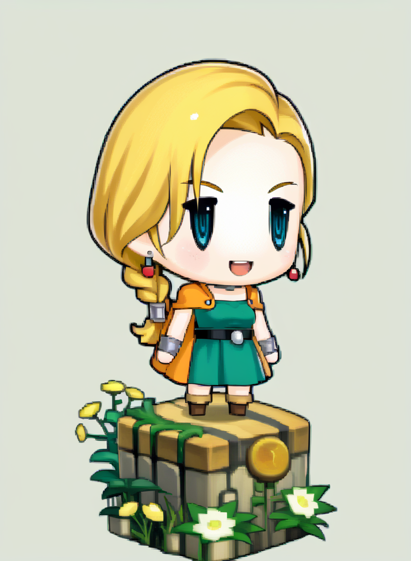 score_9, score_7_up, source_anime, solo, 1girl, happy, open mouth, <lora:zs_PictlogicaStyleXL:1> ffpictlogicastyle, chibi, full body, faux figurine, <lora:dqbianca-pdxl-nvwls-v1:1> dqBianca, single braid, hair over shoulder, earrings, choker, orange cape, green dress, belt, boots