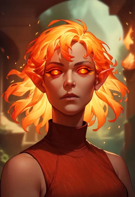 (((beautiful, high quality))), upper body, score_9, score_8_up, score_7_up, solo,
looks at the viewer,
FireGenasi, fire hair, colored sclera, dark skin, pointed ears, 1girl, orange fire hair, red eyes, red sleeveless turtleneck,
outdoor, fantasy background, nature, blurred background,