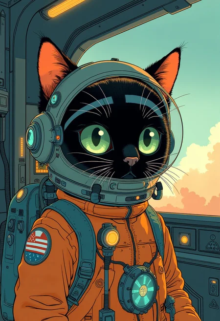 A black kitty in a retro spaceship,wearing a spacesuit