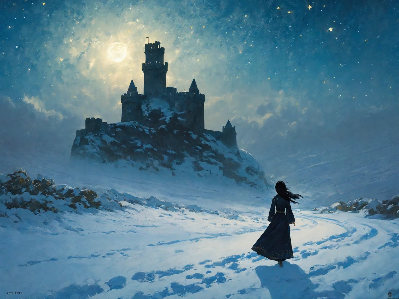 by greg rutkowski, (masterpiece, best quality), flying ruins of an ancient castle, snow, outdoors, letterboxed, night, sky, cloud, black hair, moonlight, blue flower, blurry, starry sky, depth of field