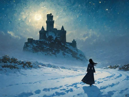 by greg rutkowski, (masterpiece, best quality), flying ruins of an ancient castle, snow, outdoors, letterboxed, night, sky, cloud, black hair, moonlight, blue flower, blurry, starry sky, depth of field
