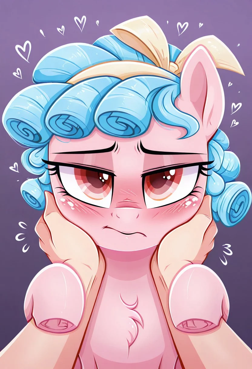 pony, 1girl, solo, feral, pony, mare, cg-mlp, pony, imp4ct_style, pegasus, pink body, red eyes, pale blue hair, ringlets, yellow hairband, freckles, close_up, pov, hand_pov, hand_on_face, double_hands, face_grab, cute, heart_stickers, star_sticker, disturbed_expression, blushing, sus,