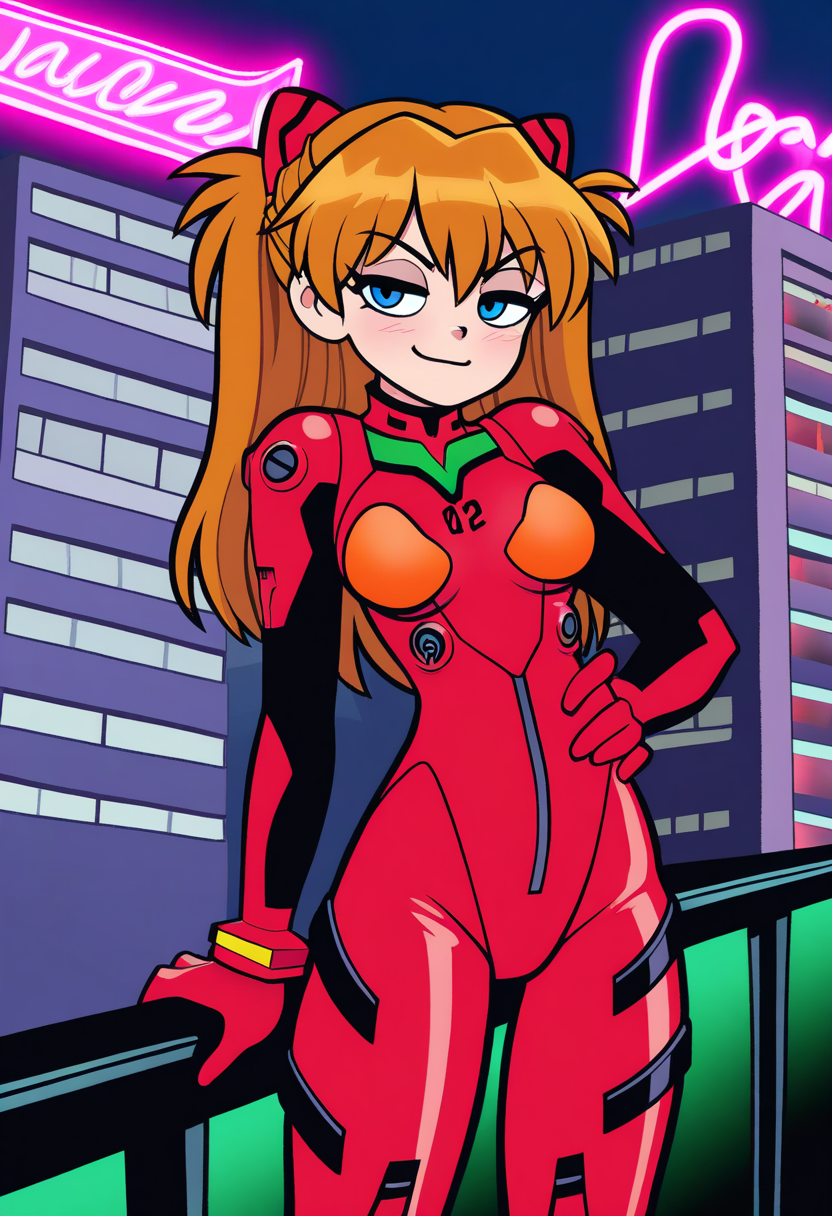 best quality, amazing quality, very aesthetic, absurdres,
BREAK
1girl, asuka langley, red plugsuit, standing, smug, looking at viewer, futuristic background, neon light , buildings, night,  <lora:BryanLeeOMalleyNoobLocon_byKonan:1>