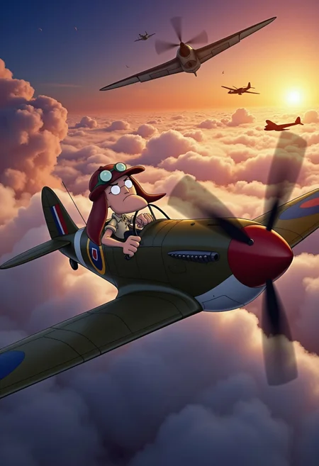 Create a photorealistic image of Eustace Bagge from Courage the Cowardly Dog piloting a vintage Spitfire plane in the heat of an intense aerial battle. Eustace, with his signature annoyed expression, is wearing a leather pilot’s helmet and goggles, gripping the controls of the plane with determination. The Spitfire is soaring through a dramatic sky filled with clouds, as enemy aircraft are trailing behind, with gunfire and explosions in the distance. The plane’s engine roars, and the scene is filled with a sense of speed, danger, and epic action. The background should capture a heroic, wartime atmosphere, with the sun setting behind the clouds, casting golden light across the clouds and the chaos of the sky