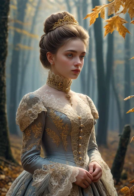 epiCRealism, masterpiece, highly detailed, one girl in a extremely detailed Victorian dress, lace and embroidery with golden leaves and pearls, hair made in a high bun, she walks alone through a late autumn forest in a cold morning, the Sun has just risen and timid sun-rays pierce the autumn leafs and reaches the early mist that clings to the earth, time stands still while early snowflakes falls from a grey sky