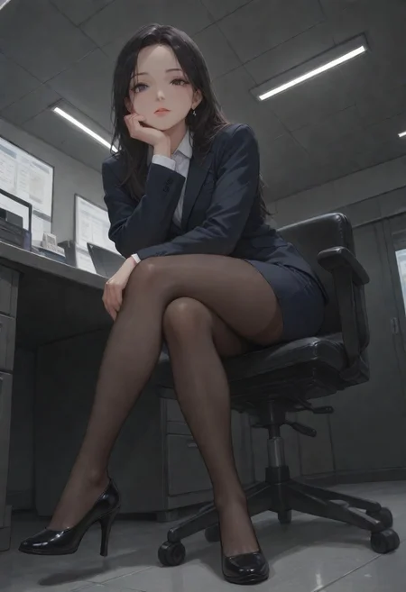 best quality, amazing quality, very esthetic, newest, scenery, high-resolution, masterpiece, overlooking, looking at viewer, low angle, front side, detail eyes,
1girl, cool, confident, mature, lure, slutty, no bang, sitting on chair, office chair, cross legs, lay on side, hand on chin, solo ,black hair, long hair, short skirt, black suit, earrings, black pantyhose, luster pantyhose, detail pantyhose, high heel, doesn't wear high heel tightly,
detail background, senior office, Realistic style, dark, turn off light.