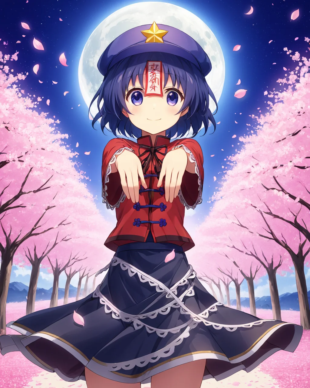 miyako yoshika,1girl, solo, star_\(symbol\), hat, star_hat_ornament, ofuda, zombie_pose, petals, jiangshi, cherry_blossoms, skirt, full_moon, smile, night
<lora:miyako_yoshika_image2483_2023-12-20:1>,star-shaped_pupils,symbol-shaped_pupils,. gorgeous,key visual, vibrant, studio anime,award-winning, professional, highly detailed,high budget, cinemascope
