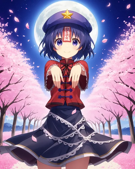 miyako yoshika,1girl, solo, star_\(symbol\), hat, star_hat_ornament, ofuda, zombie_pose, petals, jiangshi, cherry_blossoms, skirt, full_moon, smile, night
<lora:miyako_yoshika_image2483_2023-12-20:1>,star-shaped_pupils,symbol-shaped_pupils,. gorgeous,key visual, vibrant, studio anime,award-winning, professional, highly detailed,high budget, cinemascope