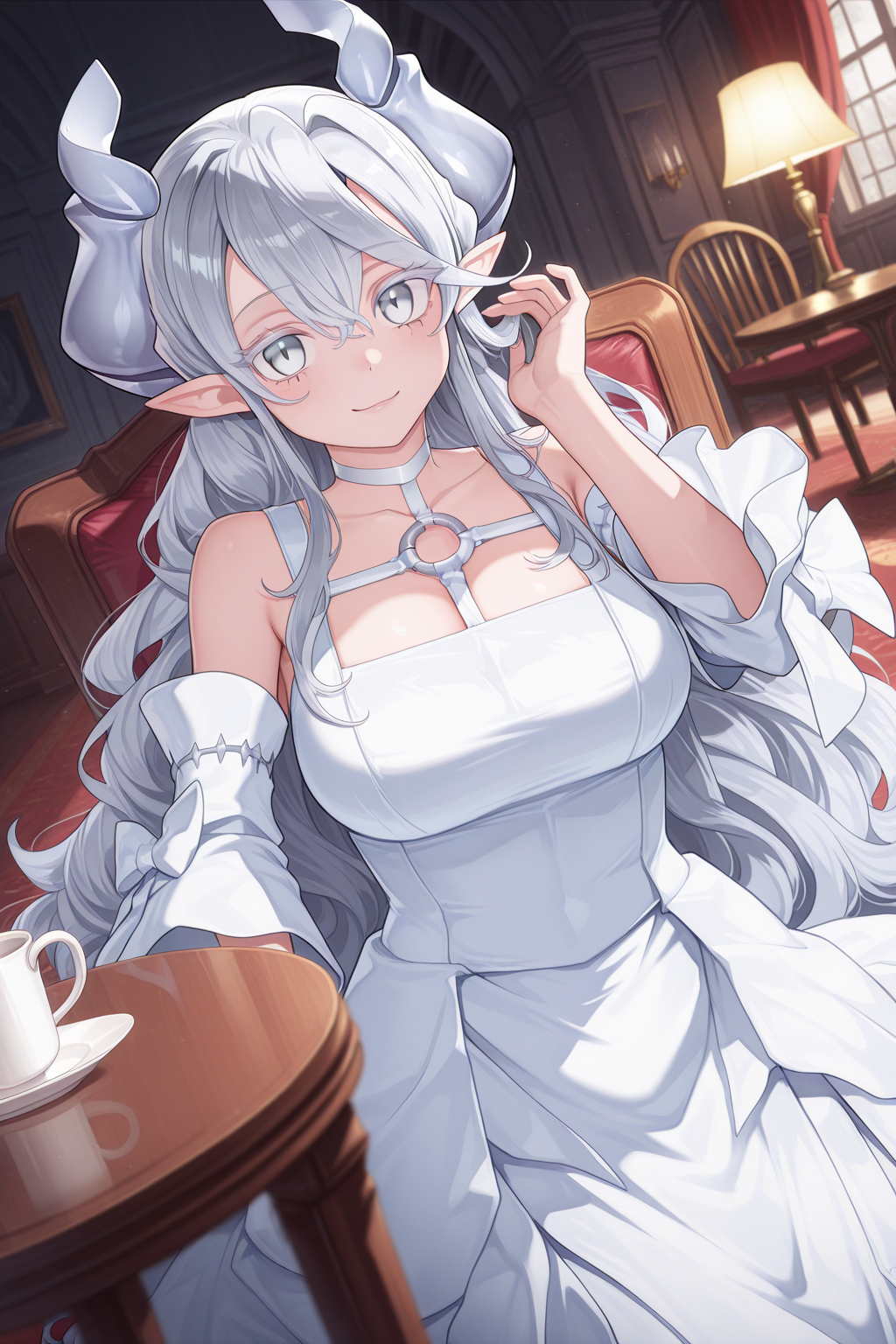 1girl,
LadyLabrynthOfTheSilverCastleYu-Gi-Oh,
general, solo, dutch angle,
horns, long hair, grey hair, colored eyelashes, grey eyes,
pointy ears, no earrings, 
sidelocks, large breasts, 
white choker, o-ring strap, white dress, cleavage,
detached sleeves, long sleeves,
looking at viewer, light smile, sitting, adjusting hair,
indoors, fantasy, luxurious room, table, cup, chair,
<lora:kp_LadyLabrynthOfTheSilverCastleYu-Gi-Oh2ndArtIllustrious_v1_0:1.0>,
masterpiece, best quality, amazing quality