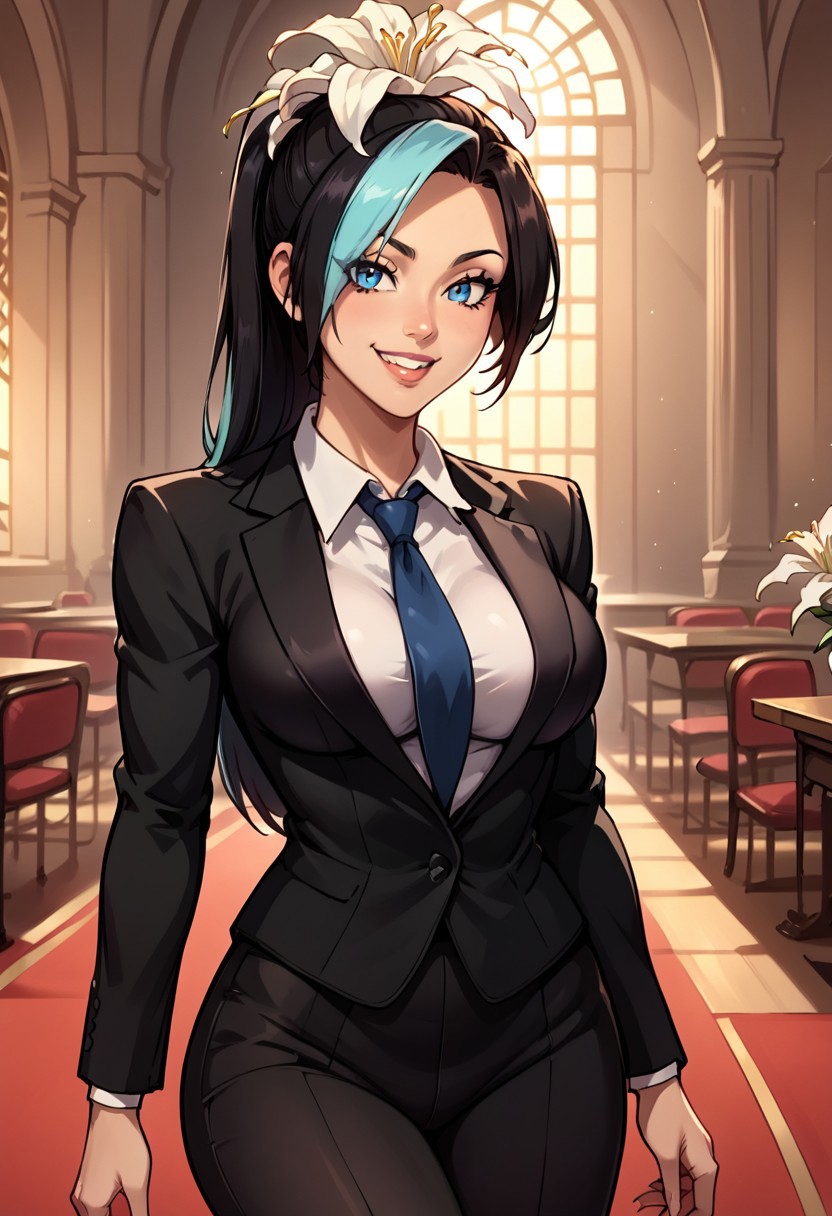 LilyOPM, 1girl, solo, fair skin, black hair, long hair, hair flower, white flower, lily flower, multicolored hair, high ponytail, hair over one eye, bangs, blue eyes, lips, large breast, white shirt, collar, black jacket, black pants, formal suit, business suit, buttons, tie, shoes, high heels, wide hips, tight pants,
seductive pose, sexy pose, tease,  in the spotlight,,
smile, ,
score_9, score_8_up, score_7_up, beautiful aesthetic, very intricate, high quality details,vibrant, highly detailed, award-winning, professional,anime artwork, anime style, studio anime, athletic, curvy body, athletic girl, perky tits,large breast,perfect tits, round breasts, nipple outline,looking at viewer, pinup pose,teasing, dynamic lighting, cinematic, smug, better than you, aura of temptation, highly detailed, high resolution, masterpiece, detailed clothes, detailed background, highly detailed, ((sound effects)) comic layout,