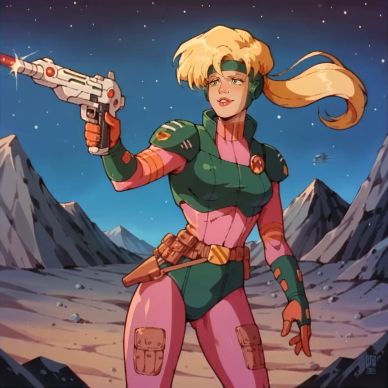 score_9, score_8_up, score_7_up, score_6_up, score_5_up, score_4_up, <lora:NaraBurns_XL:1> naraburns, blonde hair, green eyes, lips, ponytail, headband, smile, standing, full body, space, night, cartoon, flat colors, retro artstyle,1980s (style), armor, bodysuit, gun, shooting laser,