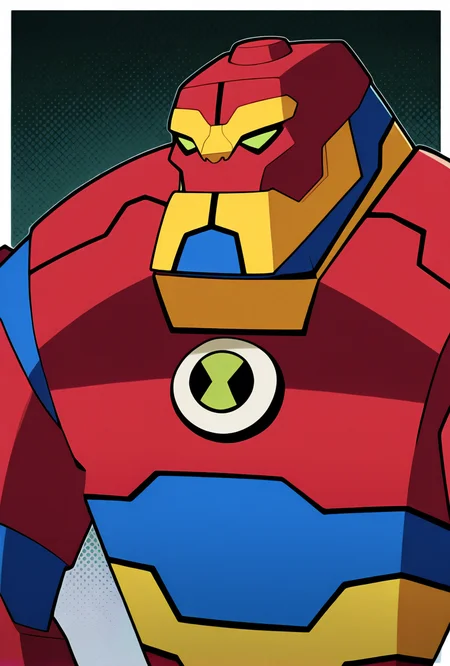 <lora:bloxx-10:1> bloxx, robot, mecha, solo, armor, green eyes,, massive arms, upper body, big chin, , red shoulders,, masterpiece, best quality, amazing quality, very aesthetic, absurdres, newest,, upper body, halftone effect, white borders, abstract background:1.2,