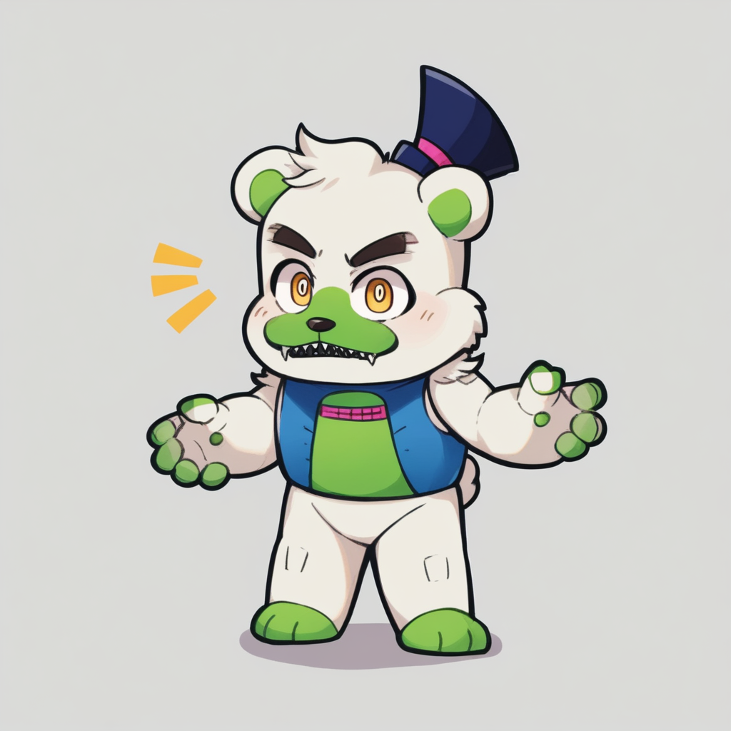 source_anime, colorful, score_9, score_8_up, score_8, (masterpiece), BREAK, 1boy,  chibi, <lora:saucebear_ponyxl-10:1.4>  (saucebear), blue hat, bear ears, yellow eyes, white fur, green chest, blue vest. simple background,  <lora:add-detail-xl:1.0>