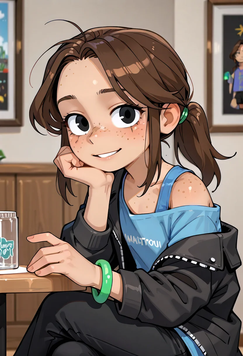 solo, brown hair, black pants, 1girl, ponytail,charlotte,<lora:Charlotte_ill_original:1>, black eyes, green bracelet on right hand ,flat chest,green clip,,, (portrai shot, upper body), high resolution, 2k resolution:1.0, 1girl, casual clothes,black jacket,freckles,blue shirt,solo,bracelet on single hand,, (portrai shot, upper body), , solo, looking at viewer, fancy room, gentle smile, sitting, crossed legs, (chandelier:0.4), depth of field, ,off shoulder,