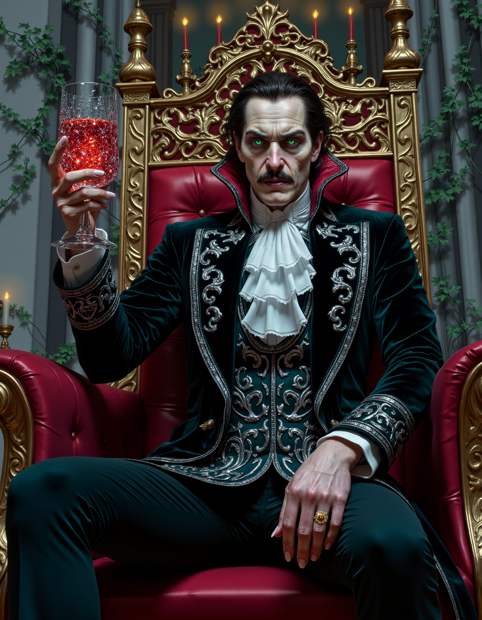 zavy-vmpr, Close-up shot from a low angle, a regal vampire with intricate silver filigree on his dark velvet cloak and piercing emerald eyes, slowly raising a crystalline goblet filled with a luminescent red liquid, surrounded by an opulent gothic throne room adorned with swirling ivy and flickering candlelight, captured in a dramatic chiaroscuro style reminiscent of Renaissance painting, featuring rich jewel tones interspersed with soft pastels.