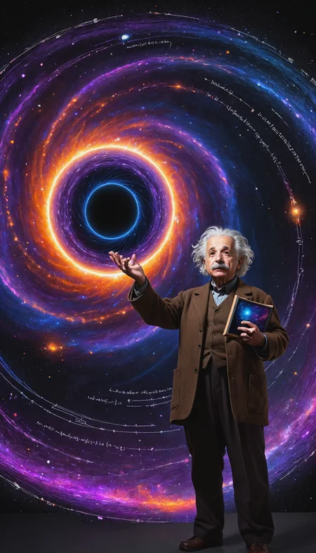 Albert Einstein standing in a cosmic void, holding a glowing chalkboard filled with intricate equations of quantum mechanics and general relativity in his right hand. In his left hand, he cradles a mesmerizing black hole, its event horizon swirling with vibrant hues of orange, blue, and purple, surrounded by a radiant accretion disk. Threads of quantum entanglement extend from the black hole, connecting to parallel worlds.