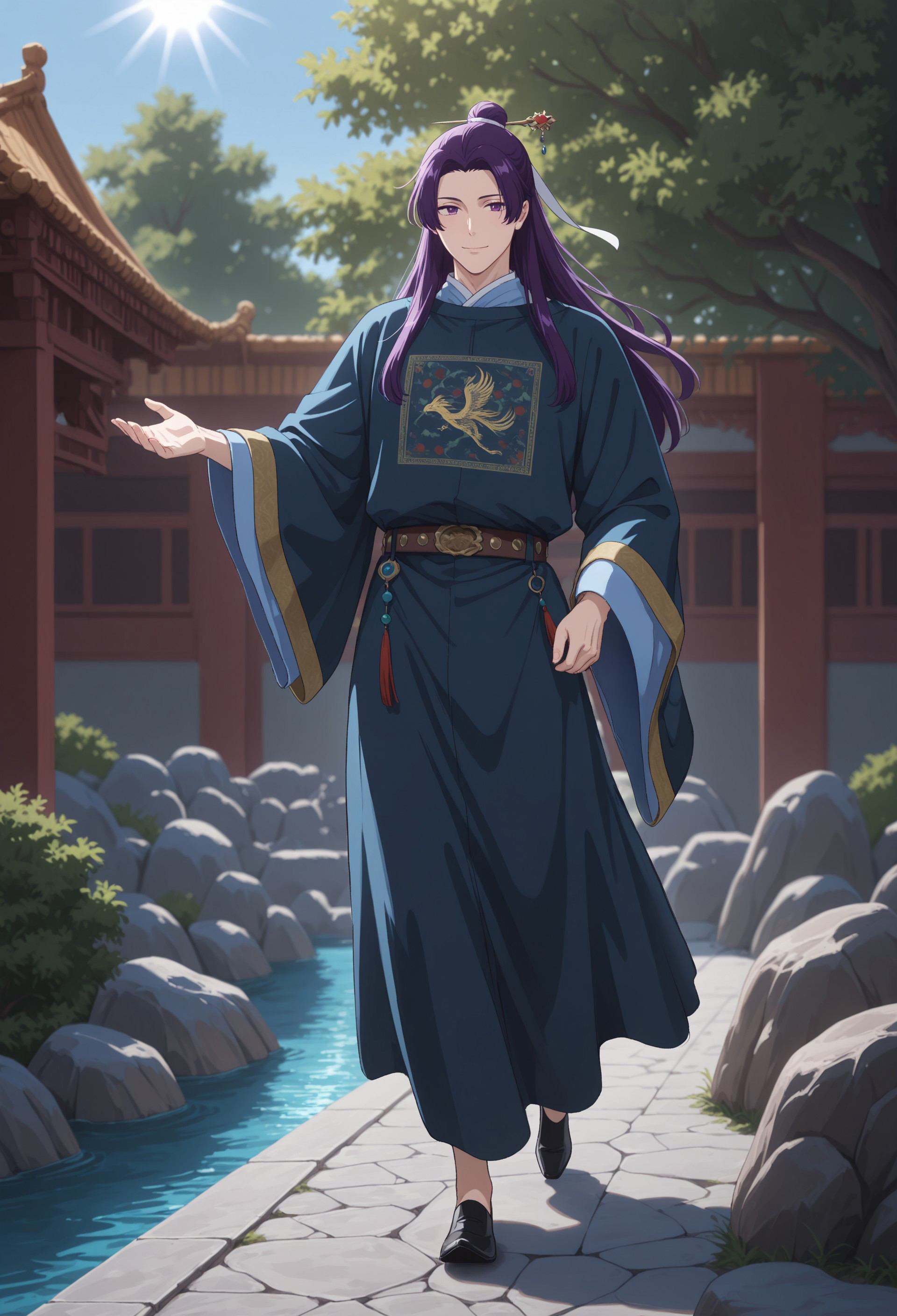 masterpiece, best quality, amazing quality, very aesthetic, absurdres, dynamic pose, dynamic angle, ultra-detailed, highly detailed, cinematic lighting, realistic shading, intricate details, soft lighting, high contrast, depth of field, night, dark, full body, east asian architecture, outdoors, garden, tree, water, rock, sun, day, looking at viewer, smile, walking, BREAK
ADGPJinshi, 1boy, purple hair, long hair, curtained hair, hair half over shoulder, half updo, single hair bun, purple eyes, gold hair stick, white ribbon, 
ADGPoutfit, official alternate costume, blue yuanlingpao, long sleeves, wide sleeves, phoenix print, studded belt, yaopei, black shoes, pointy shoes,