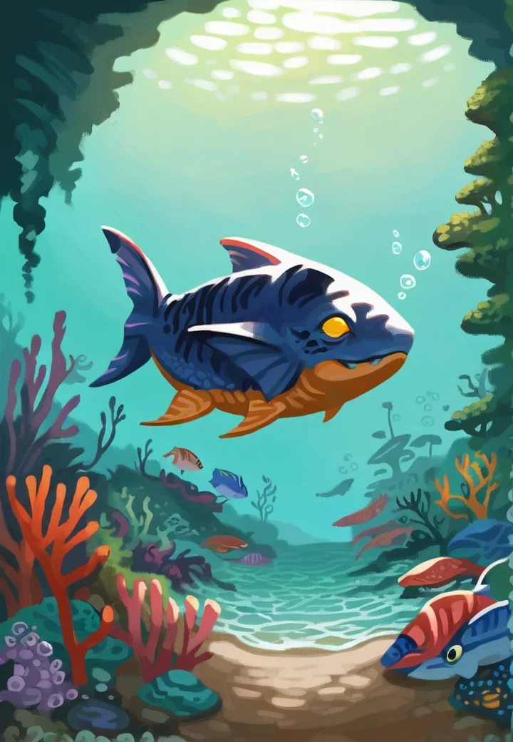 anime artwork score_9, score_8_up, score_7_up, best quality, high quality, highly detailed, cel shading, source_cartoon, <lora:Smooth Style LoRA XL:0.6> <lora:Ajonah_Crucible:1> ajonahcur , big feral fish, no pupils, ridged facial features, yellow eyes, blue scale, piunk fins, deep sea, underwater, ocean, coral reef, fish, tropical fish, floating , fish, moss, masterpiece, best quality, half body,