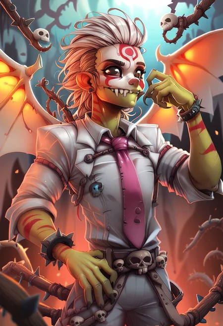 score_9,score_8_up,score_7_up, a cute skull, forehead paint, black eyes, white suit with vertical red stripes, pink tie, belt, thorn bracelet, white wings, KRKNK