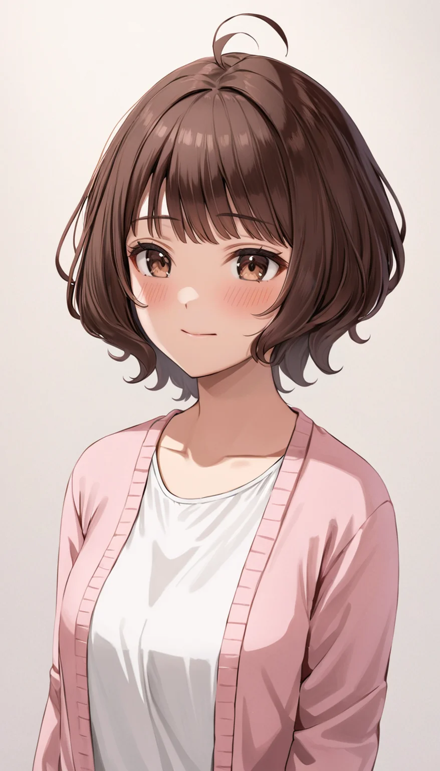 masterpiece, best quality, very aesthetic, absurdres,
1girl, brown hair, brown eyes, short hair, pink cardigan, white blouse, (buttons,collar:-1),white room background, (blurry background:1.1), film grain, drop shadow, (embarrassed:0.5), light smile
<lora:Curl_inward_hair:1>