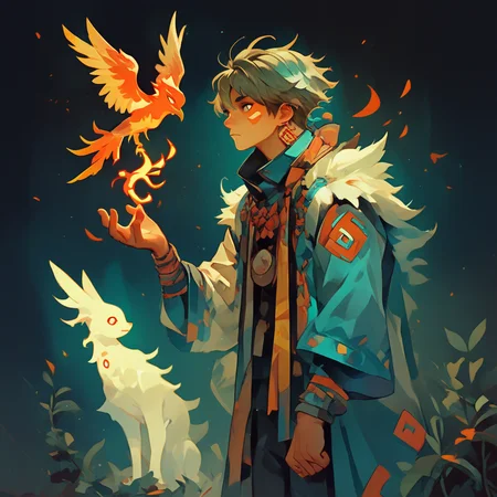 score_9, score_8_up, score_7_up, shaman, spirit pet, 1boy, phoenix ghost