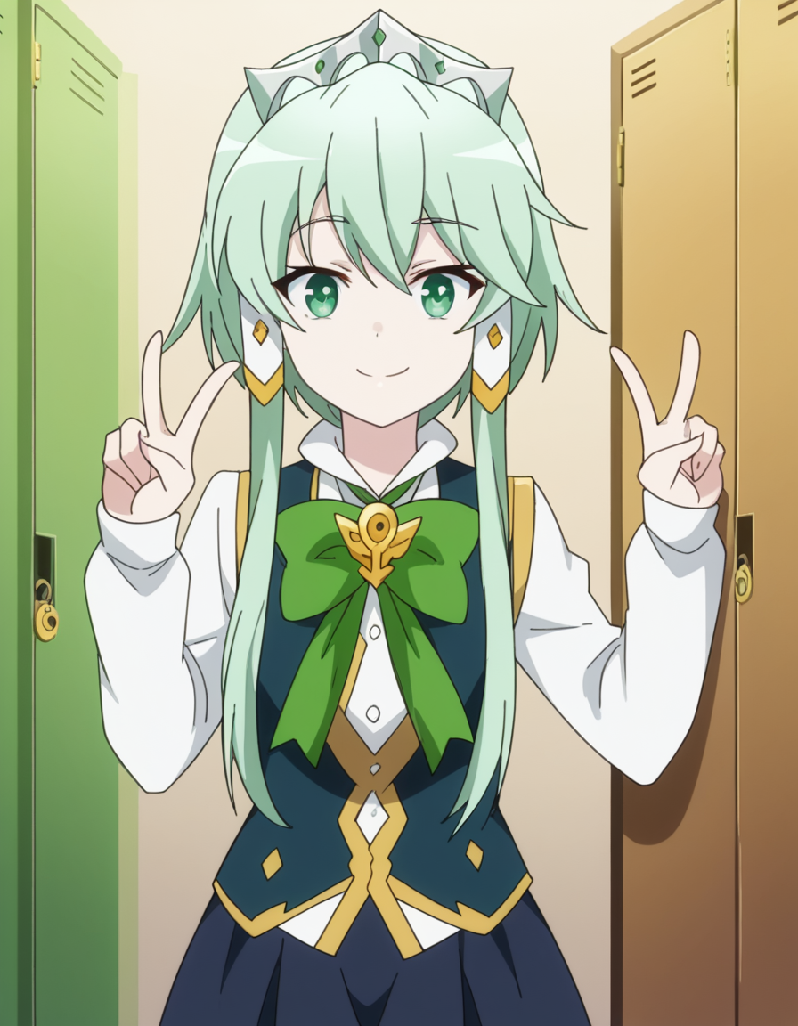 score_9, score_8_up, score_7_up, source_anime, <lora:lucia-rea-regulus-s2-ponyxl-lora-nochekaiser:1>, lucia rea regulus, long hair, green eyes, sidelocks, green hair, hair tubes, short hair with long locks,, skirt, long sleeves, dress, bow, pantyhose, bowtie, black pantyhose, green bow,, school hallway, lockers, between classes, everyday life, smile, v, v over eyes,, looking at viewer, solo,, dutch angle, cowboy shot