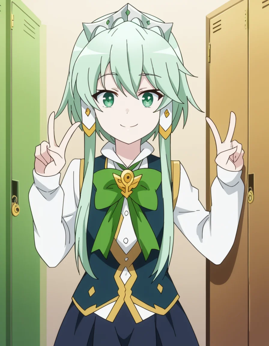 score_9, score_8_up, score_7_up, source_anime, <lora:lucia-rea-regulus-s2-ponyxl-lora-nochekaiser:1>, lucia rea regulus, long hair, green eyes, sidelocks, green hair, hair tubes, short hair with long locks,, skirt, long sleeves, dress, bow, pantyhose, bowtie, black pantyhose, green bow,, school hallway, lockers, between classes, everyday life, smile, v, v over eyes,, looking at viewer, solo,, dutch angle, cowboy shot