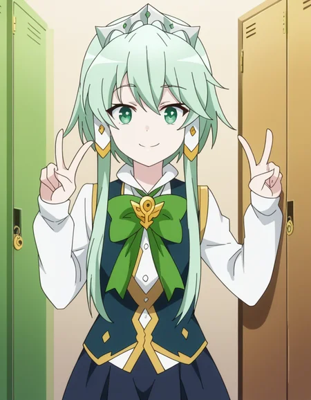 score_9, score_8_up, score_7_up, source_anime, <lora:lucia-rea-regulus-s2-ponyxl-lora-nochekaiser:1>, lucia rea regulus, long hair, green eyes, sidelocks, green hair, hair tubes, short hair with long locks,, skirt, long sleeves, dress, bow, pantyhose, bowtie, black pantyhose, green bow,, school hallway, lockers, between classes, everyday life, smile, v, v over eyes,, looking at viewer, solo,, dutch angle, cowboy shot