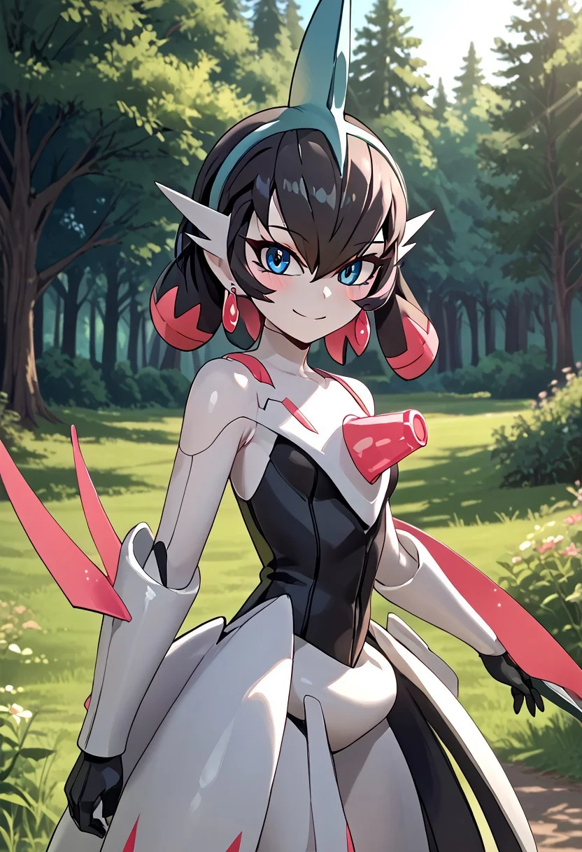 score_4,score_5,score_6,score_7_up,score_8_up,score_9 ((masterpiece,best quality,ultra detailed,highres,HD,4k:1.2)),
1 girl,solo,face focus,
((ironvaliantsv,pokemon (creature), solo,colored skin, white skin:1.2)),
short hair,black hair,multicolored hair,Inner color pink hair,blue eyes,tattoo,black head gear,earrings,small breast,
outdoors,in the forest,day,
standing,
smile,.blush,light smile,