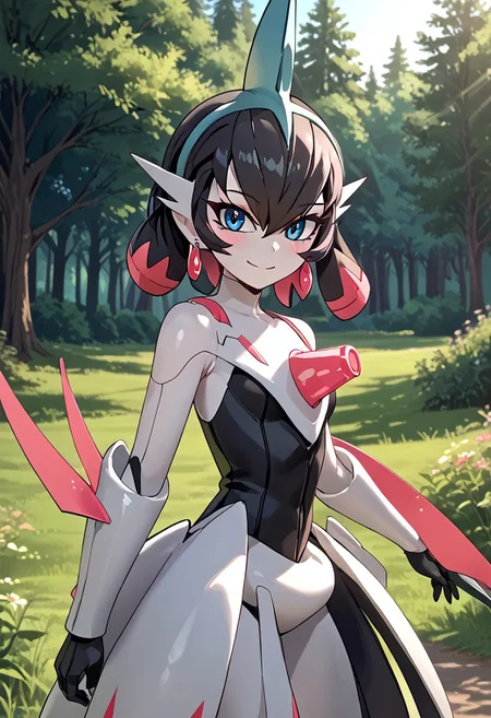 score_4,score_5,score_6,score_7_up,score_8_up,score_9 ((masterpiece,best quality,ultra detailed,highres,HD,4k:1.2)),
1 girl,solo,face focus,
((ironvaliantsv,pokemon (creature), solo,colored skin, white skin:1.2)),
short hair,black hair,multicolored hair,Inner color pink hair,blue eyes,tattoo,black head gear,earrings,small breast,
outdoors,in the forest,day,
standing,
smile,.blush,light smile,