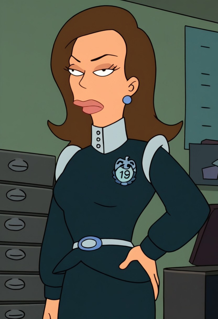 Score_9_up, score_8_up, score_7_up, BREAK 1girl, solo, morganfu, earrings, brown hair, unifrom, badge, skirt, belt, long hair, hand on hip, office
