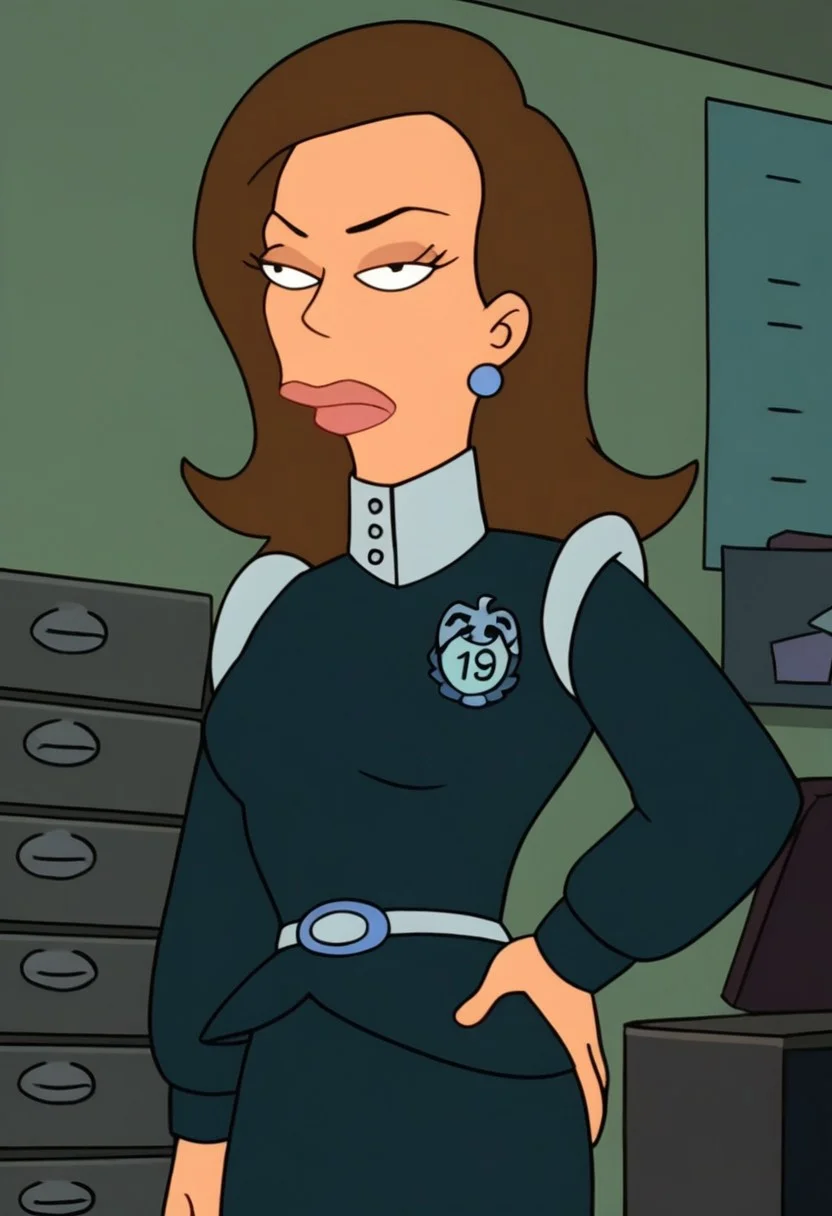 Score_9_up, score_8_up, score_7_up, BREAK 1girl, solo, morganfu, earrings, brown hair, unifrom, badge, skirt, belt, long hair, hand on hip, office