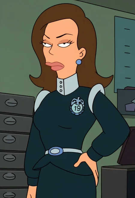 Score_9_up, score_8_up, score_7_up, BREAK 1girl, solo, morganfu, earrings, brown hair, unifrom, badge, skirt, belt, long hair, hand on hip, office