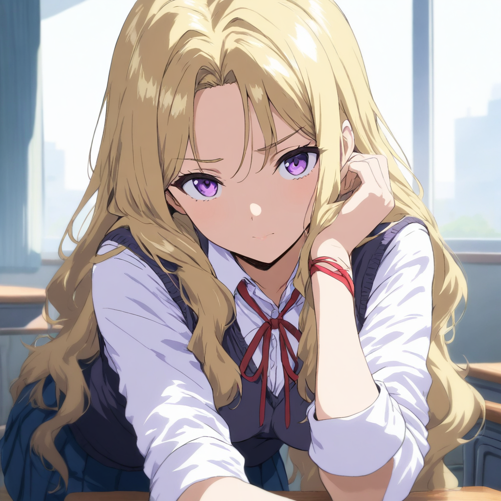 solo,looking at viewer,masterpiece,high score,great score,absurdres,school uniform,skirt,white shirt,red ribbon,vest,<lora:Seito2_kisaku ag4o v1:1> seito2, blonde hair, long hair, purple eyes,