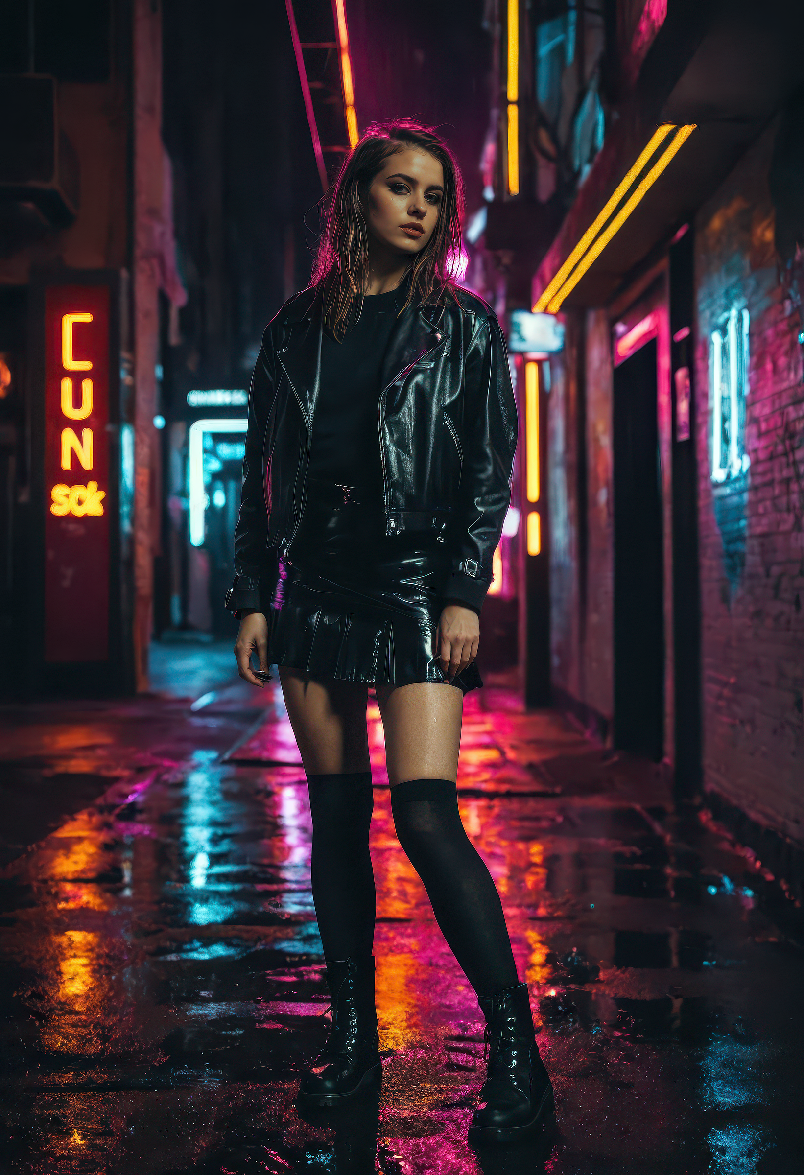 urban night portrait of a young woman under glowing neon signs, thigh-highs, short skirt, black boots, minimalist punk style, soaked colorful reflections on wet pavement, (shallow depth of field), intense cinematic lighting, strong neon glow, deep shadows, dramatic rim lighting, shadowy corners, gritty lo-fi urban realism, underground fashion editorial vibe, heavy film grain texture, analog film style, cinematic neon film look, vibrant color grading, atmospheric depth, moody city background, RAW photography, ultra-detailed, hyperrealistic, photorealistic, professional cinematic fashion portrait