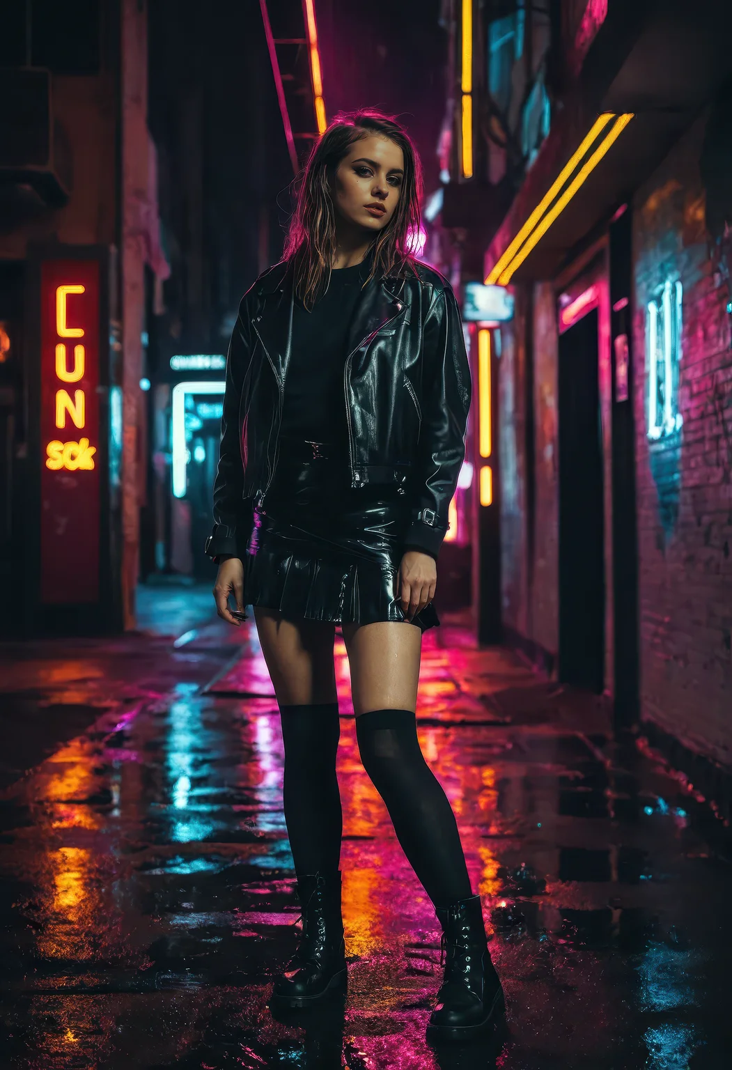 urban night portrait of a young woman under glowing neon signs, thigh-highs, short skirt, black boots, minimalist punk style, soaked colorful reflections on wet pavement, (shallow depth of field), intense cinematic lighting, strong neon glow, deep shadows, dramatic rim lighting, shadowy corners, gritty lo-fi urban realism, underground fashion editorial vibe, heavy film grain texture, analog film style, cinematic neon film look, vibrant color grading, atmospheric depth, moody city background, RAW photography, ultra-detailed, hyperrealistic, photorealistic, professional cinematic fashion portrait