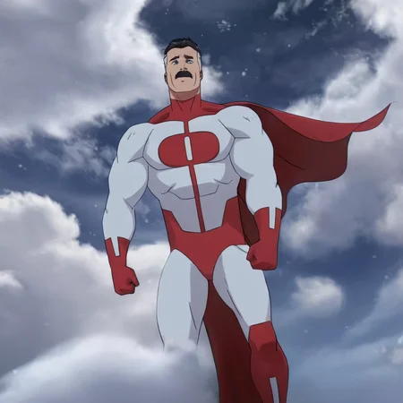 cinematic film still of <lora:Invincible (TV series):0.4>
<lora:detailed:0.4> detailed
<lora:perfection style:0.4> perfect
<lora:PerfectEyesXL:0.3>
<lora:Omni-Man v2:0.9> red white outfit
Omni-Man a man in a red and white suit and cape,anti-hero,antihero,omniman,looking in surprise at viewers,cloudy dark sky,solo,looking at viewer,short hair,open mouth,black hair,gloves,1boy,male focus,sky,cloud,cape,bodysuit,muscular,facial hair,cloudy sky,pectorals,muscular male,bara,mustache,red cape,superhero, shallow depth of field, vignette, highly detailed, high budget, bokeh, cinemascope, moody, epic, gorgeous, film grain, grainy
