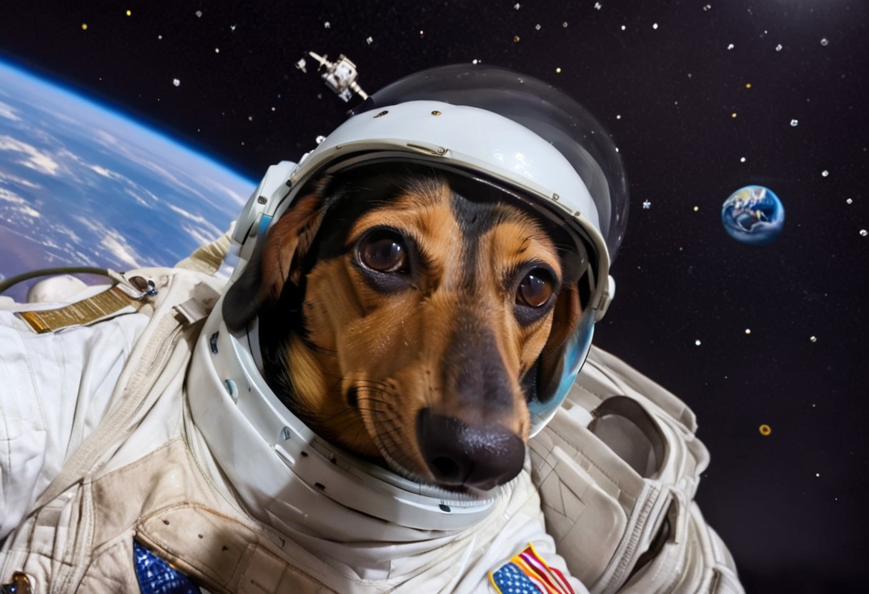 breathtaking photograph of a dachshund-astronaut floating in space, space helmet, earth in the background. Sirius star constellation, award-winning, professional, highly detailed, yunadogv2